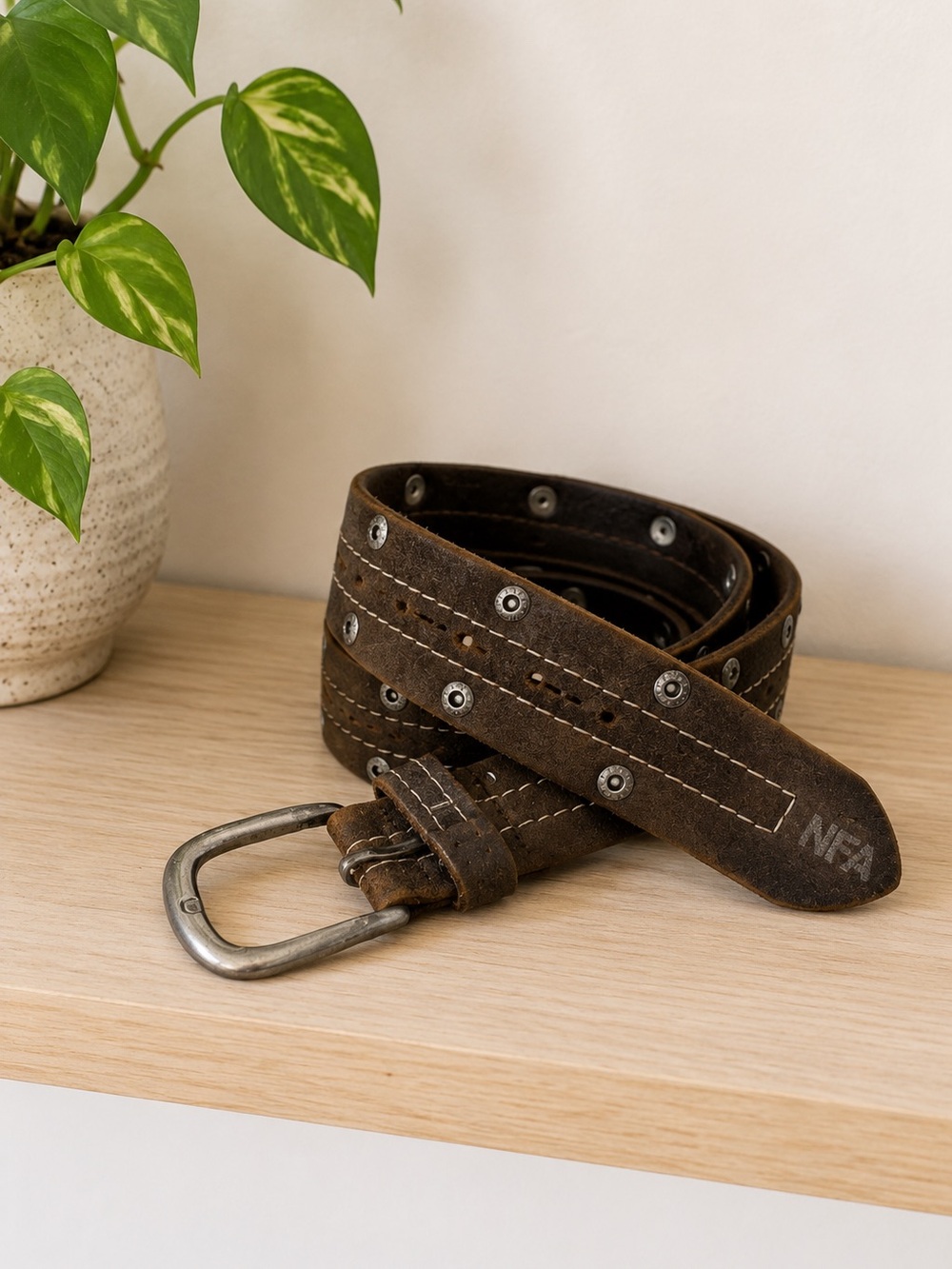 Vintage NFA‎ Leather Belt Brown Silver Rivets 37.5"  Outlaw Cowboy Ranch Corral